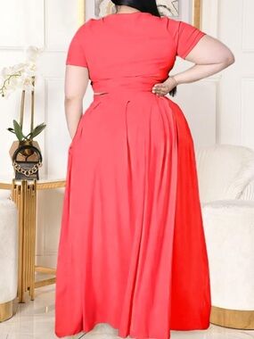 Sexy Plus Size 2 Piece Short Sleeve Bandage Wrap Empire Crop Tops and Skirt Sets
